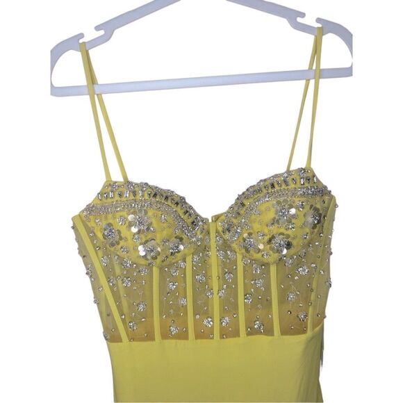 NWT MAC DUGGAL Yellow Spaghetti Strap Beaded Sheer Bodice Gown with Slit Size Sm - Picture 10 of 16